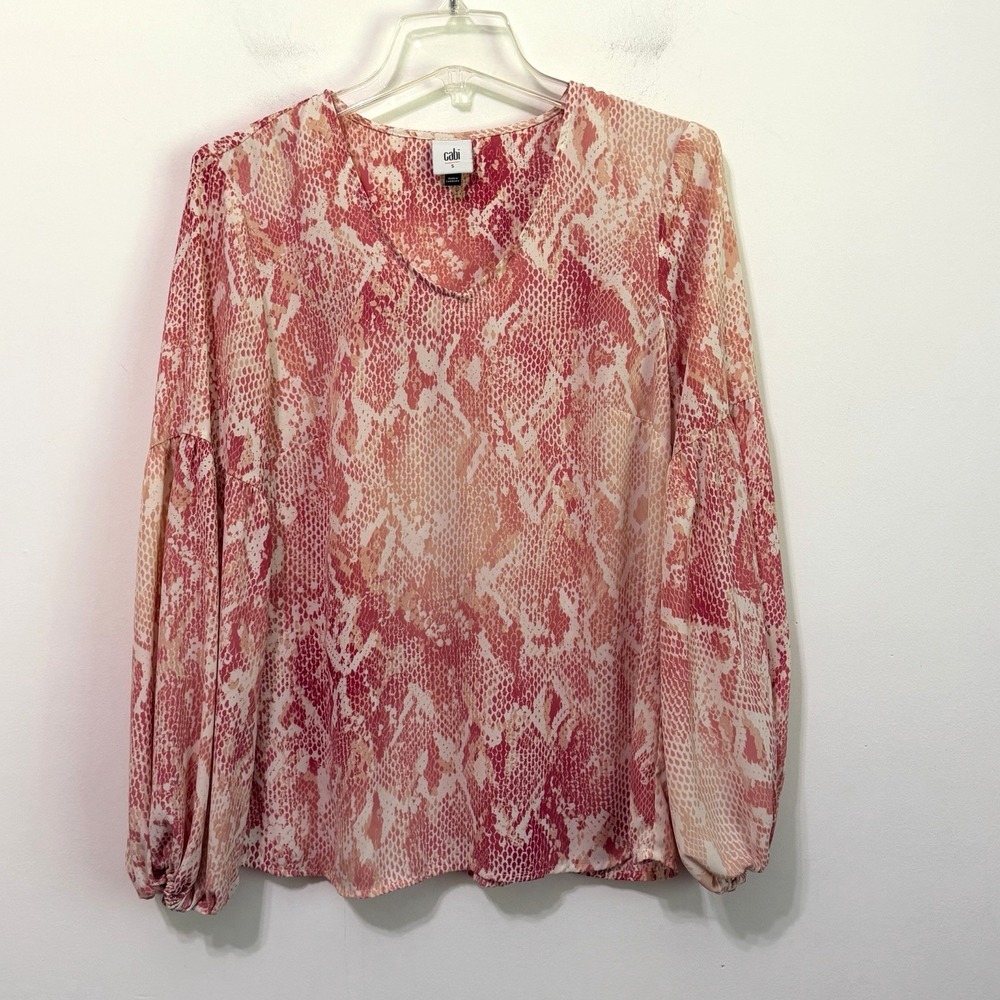 Cabi Top S #5708 Bethany Snake Print Blouse Pink V Neck Popover Balloon Sleeve